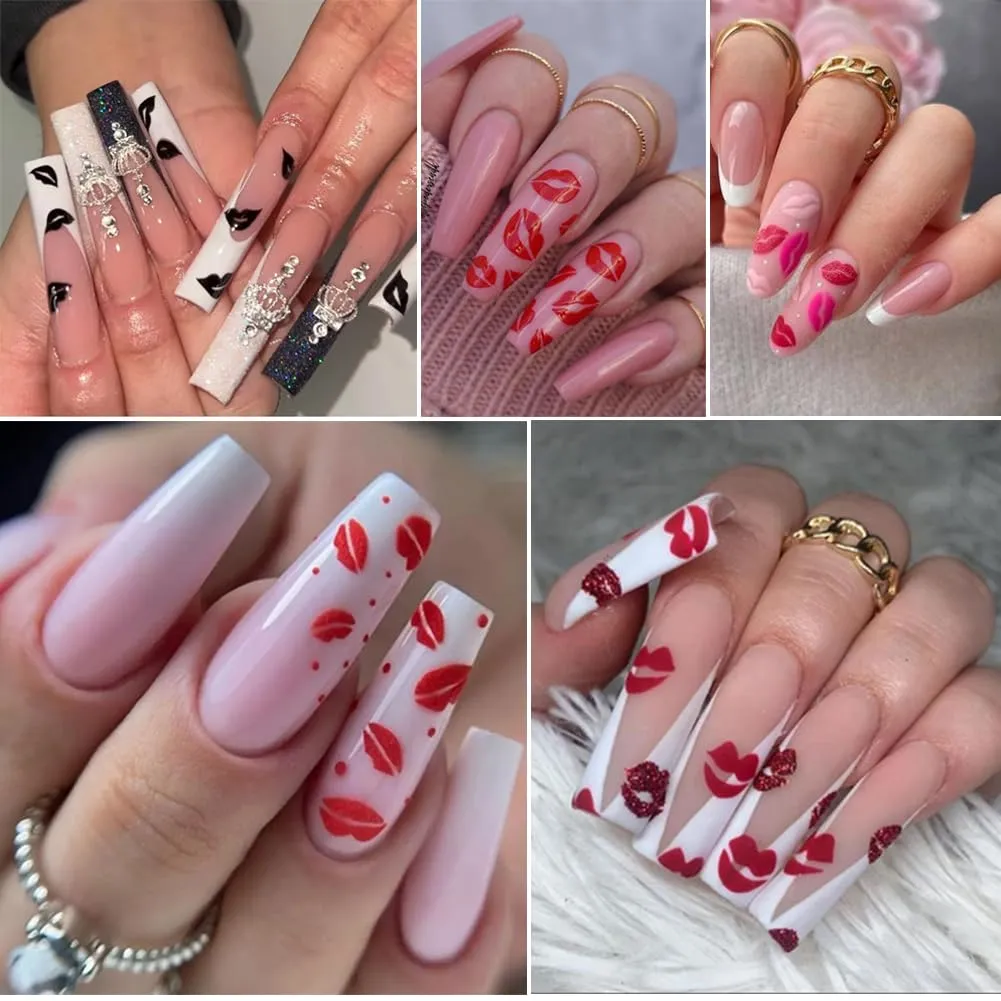 10Sheets Valentine's Day Nail Art Stickers Sexy Lips Nail Decal 3D Valentine Self-Adhesive Red Lip Heart Love Nail Design Sliders Foil Sticker for Women Girls Gift DIY Valentine's Nail Decoration