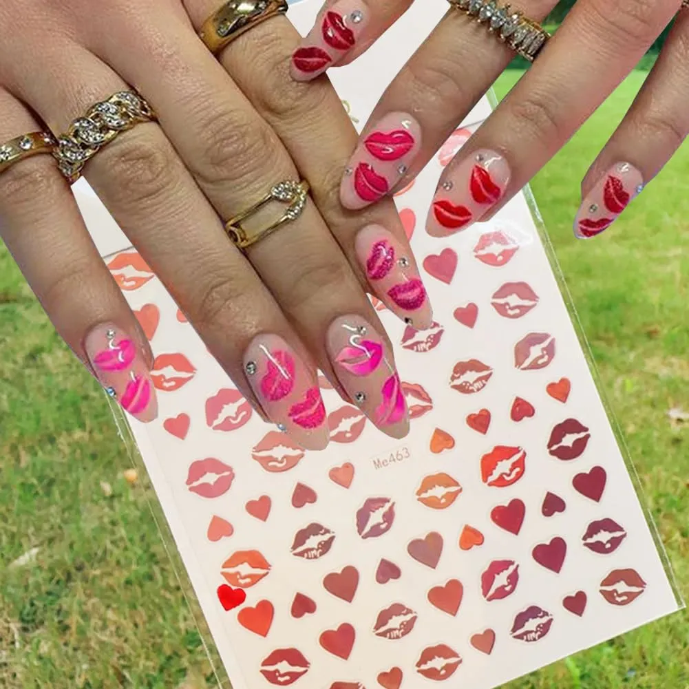 10Sheets Valentine's Day Nail Art Stickers Sexy Lips Nail Decal 3D Valentine Self-Adhesive Red Lip Heart Love Nail Design Sliders Foil Sticker for Women Girls Gift DIY Valentine's Nail Decoration