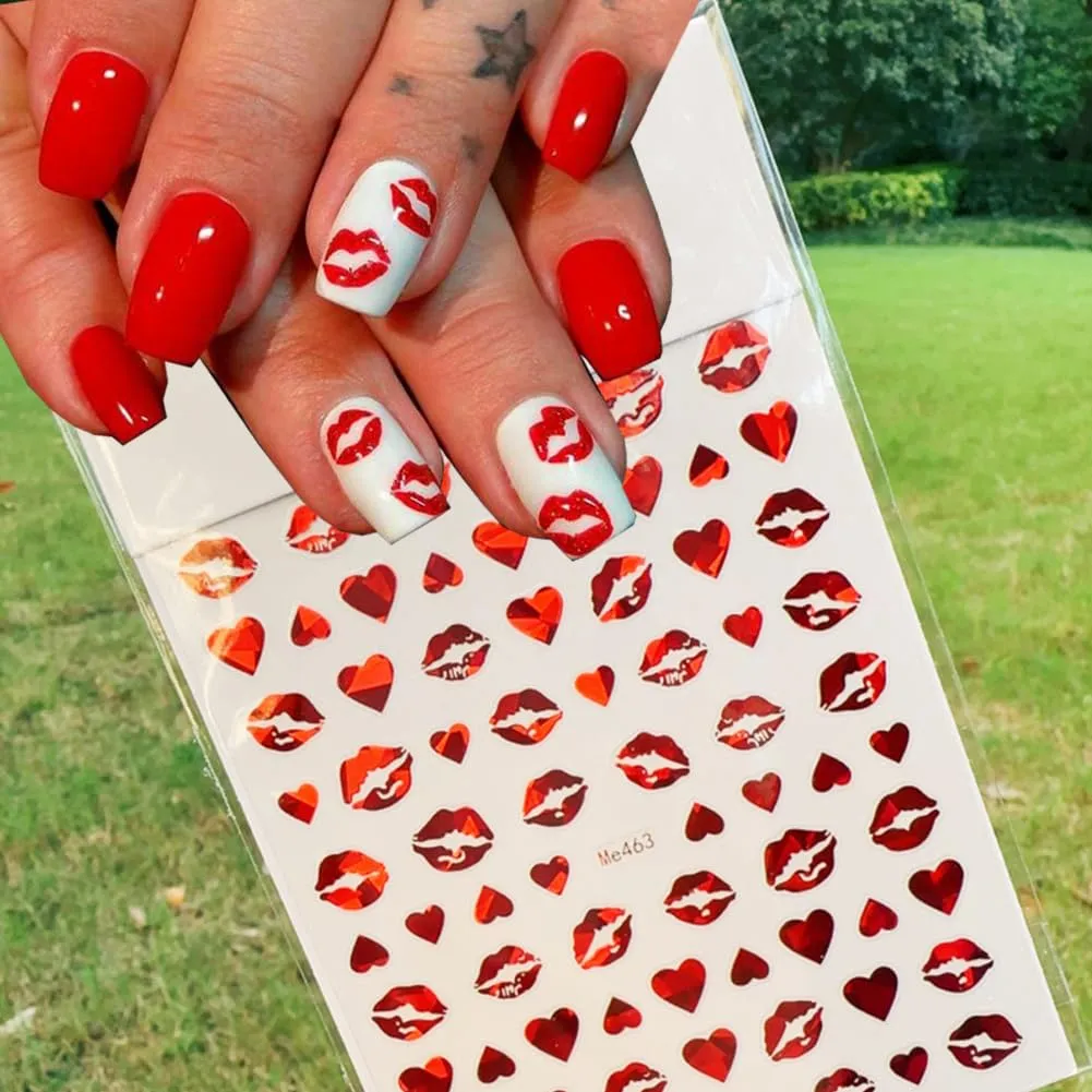 10Sheets Valentine's Day Nail Art Stickers Sexy Lips Nail Decal 3D Valentine Self-Adhesive Red Lip Heart Love Nail Design Sliders Foil Sticker for Women Girls Gift DIY Valentine's Nail Decoration
