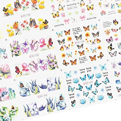 12 Sheets Butterfly Nail Stickers Water Transfer Nail Decals Flowers Butterfly Series Nail Art DIY Decals for Women Girls Decoration Manicure Design