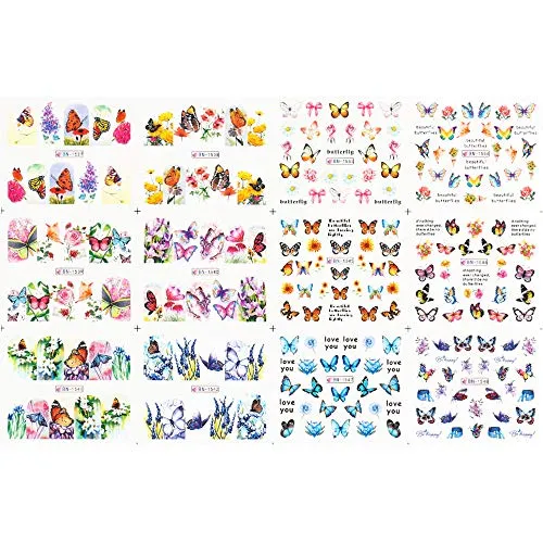 12 Sheets Butterfly Nail Stickers Water Transfer Nail Decals Flowers Butterfly Series Nail Art DIY Decals for Women Girls Decoration Manicure Design