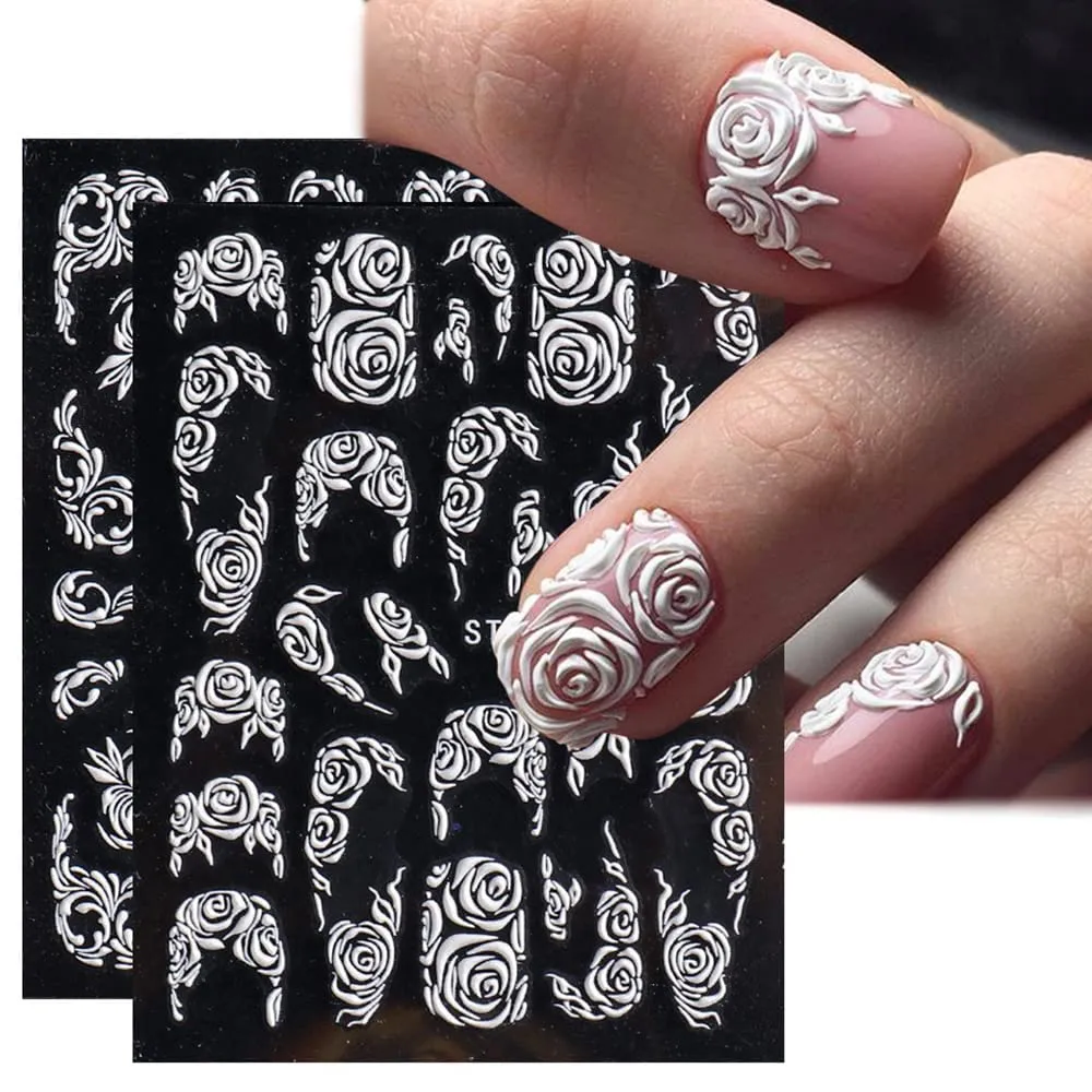 4 Sheets Flower Nail Art Sticker Decals - 5D Stereoscopic Embossed Acrylic Nail Stickers Self-Adhesive Nail Art Supplies White Lace Retro Floral Nail Designs DIY Manicure Decoration for Women Girls