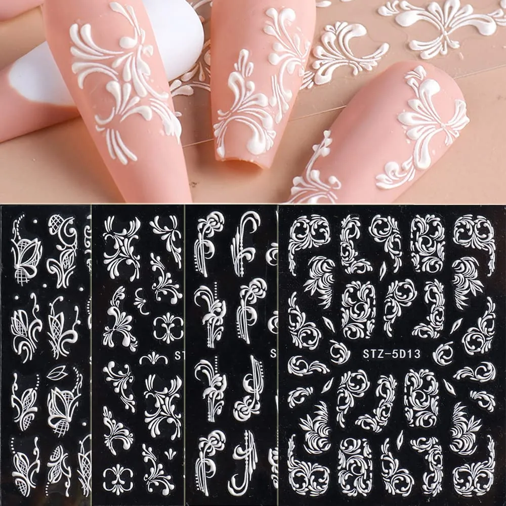 4 Sheets Flower Nail Art Sticker Decals - 5D Stereoscopic Embossed Acrylic Nail Stickers Self-Adhesive Nail Art Supplies White Lace Retro Floral Nail Designs DIY Manicure Decoration for Women Girls