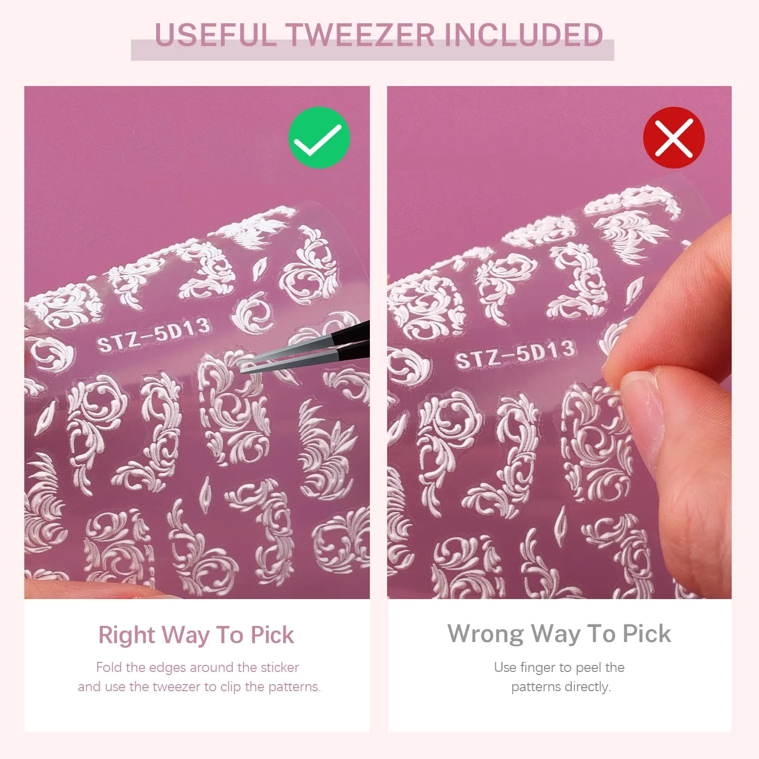 6 Sheets 5D French Lace Nail Art Stickers, Embossed Nail Decals with Tweezer, 3D Self Adhesive Classic White Lace Retro Flower Rose Vine Acrylic Nail Accessories for Wedding French Tips Design Set-8