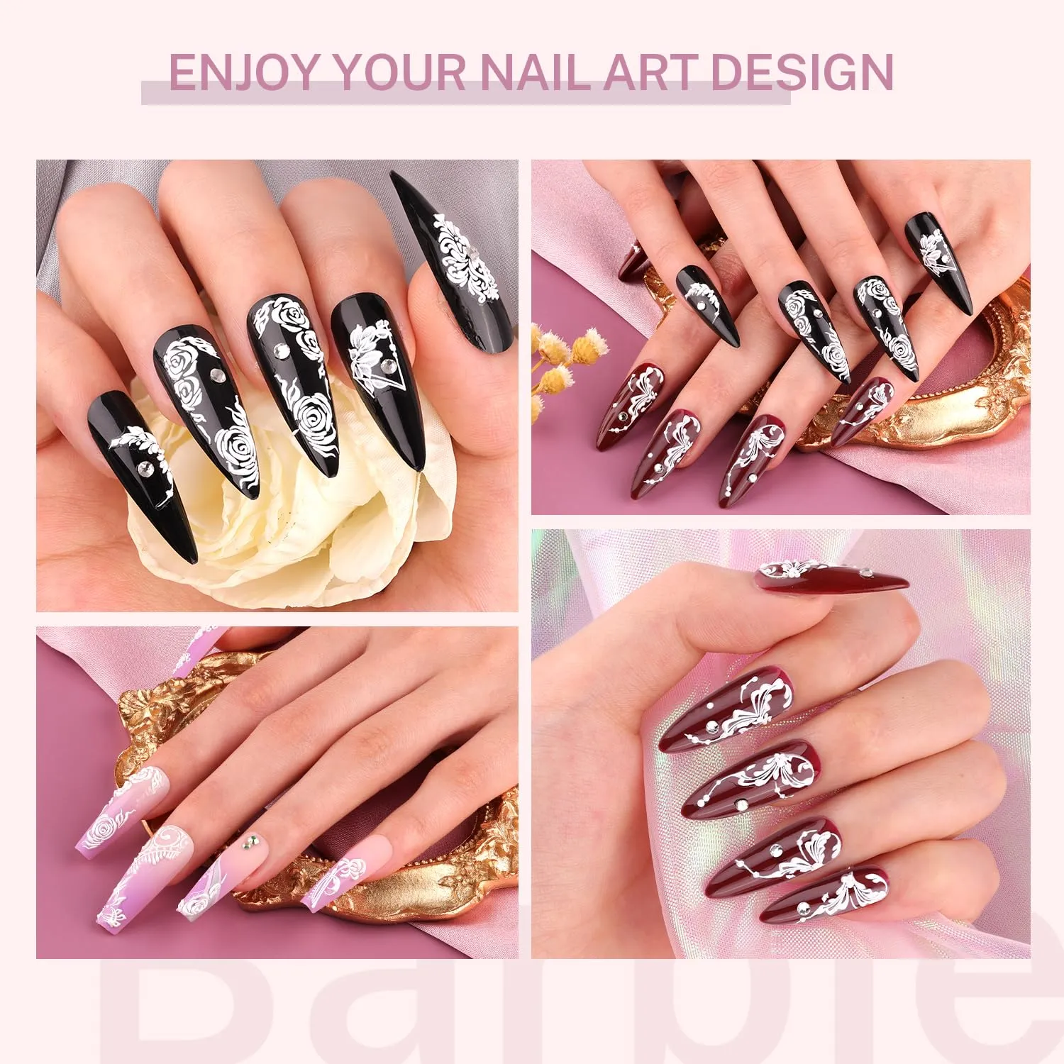 6 Sheets 5D French Lace Nail Art Stickers, Embossed Nail Decals with Tweezer, 3D Self Adhesive Classic White Lace Retro Flower Rose Vine Acrylic Nail Accessories for Wedding French Tips Design Set-8