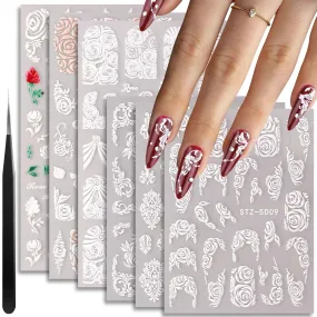 6 Sheets 5D French Lace Nail Art Stickers, Embossed Nail Decals with Tweezer, 3D Self Adhesive Classic White Lace Retro Flower Rose Vine Acrylic Nail Accessories for Wedding French Tips Design Set-8