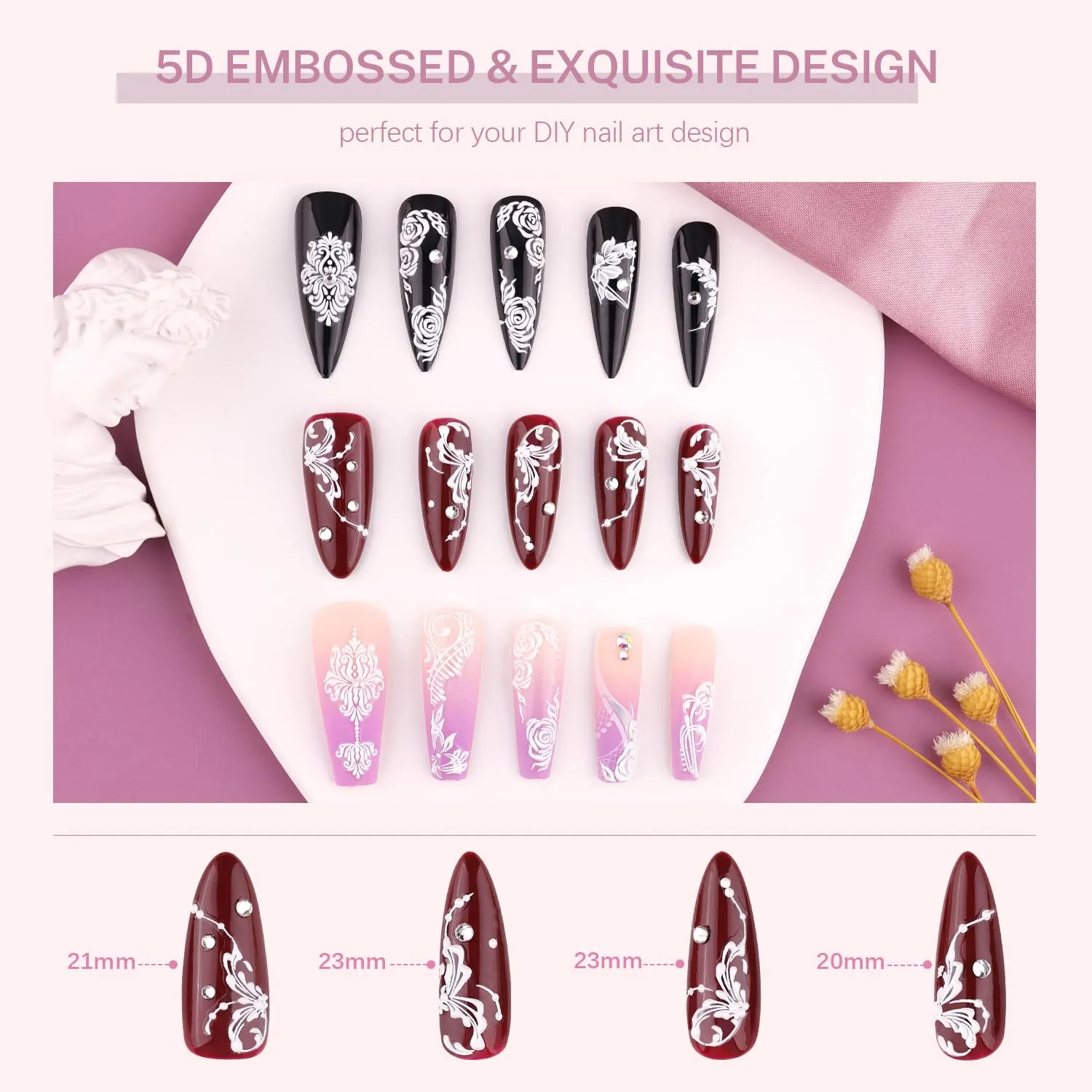 6 Sheets 5D French Lace Nail Art Stickers, Embossed Nail Decals with Tweezer, 3D Self Adhesive Classic White Lace Retro Flower Rose Vine Acrylic Nail Accessories for Wedding French Tips Design Set-8