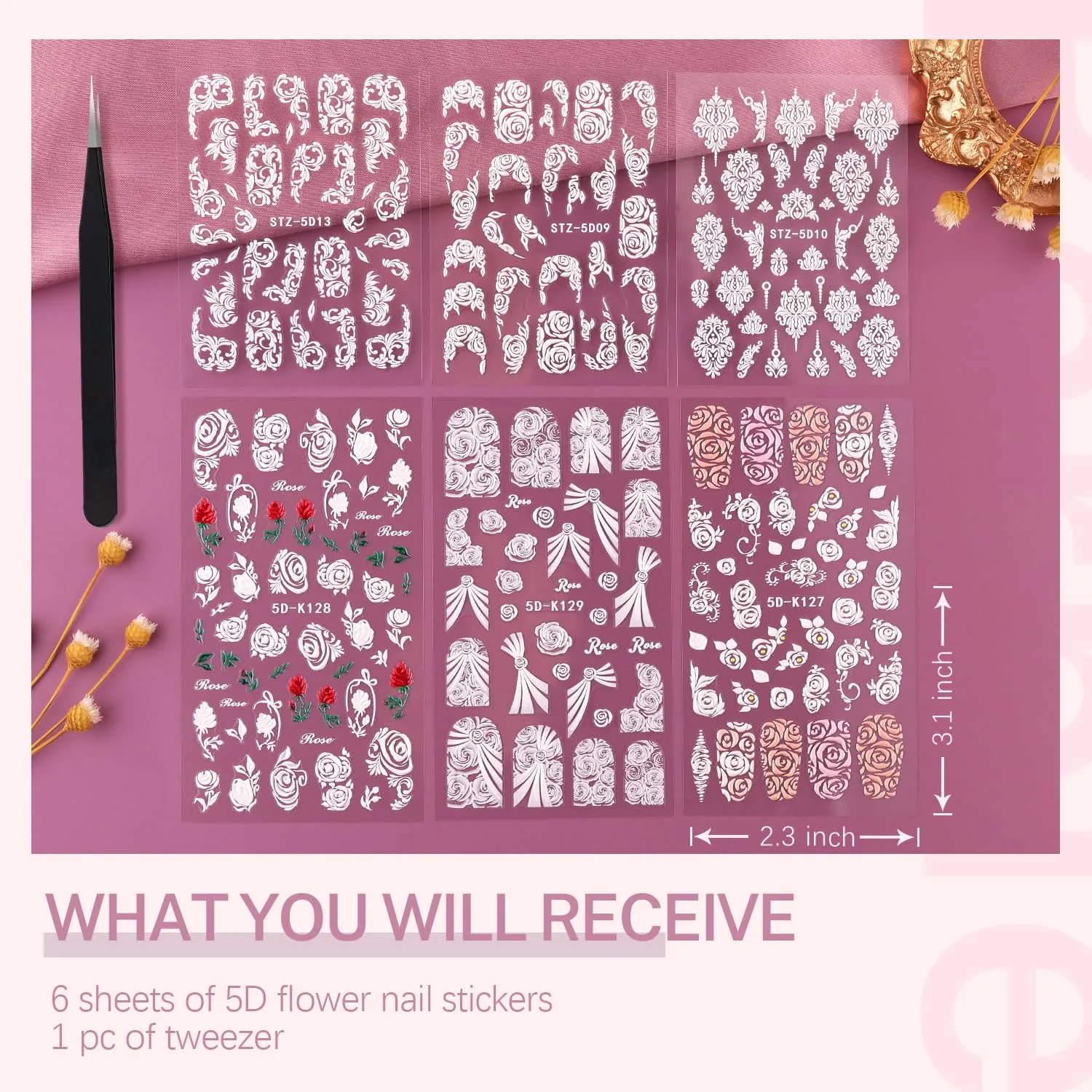 6 Sheets 5D French Lace Nail Art Stickers, Embossed Nail Decals with Tweezer, 3D Self Adhesive Classic White Lace Retro Flower Rose Vine Acrylic Nail Accessories for Wedding French Tips Design Set-8