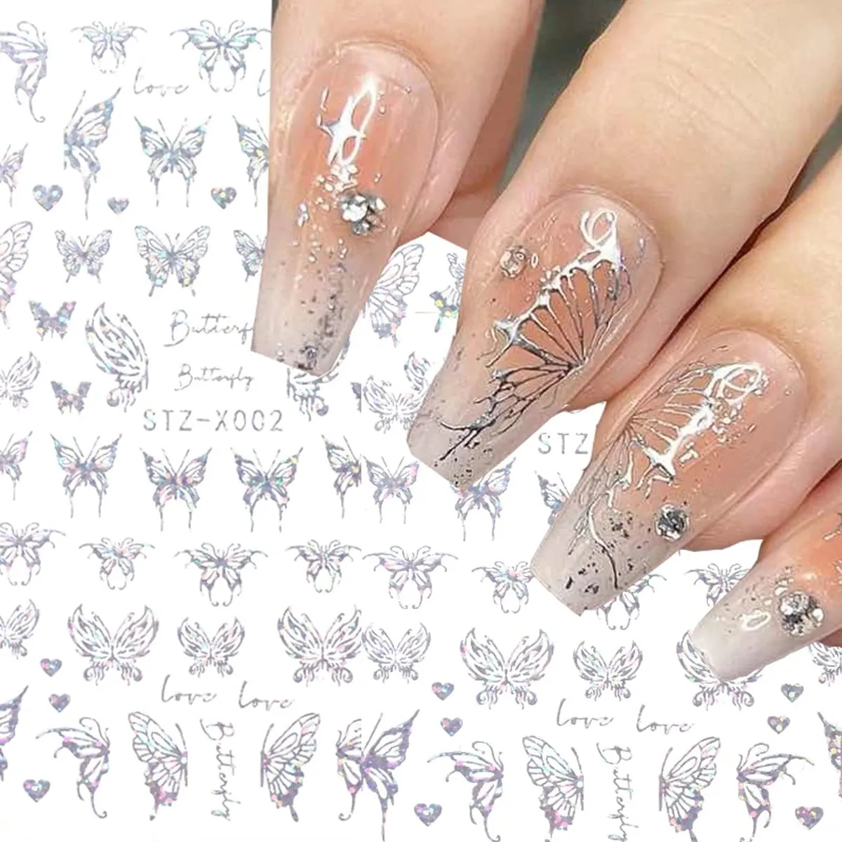 6 Sheets Butterfly Nail Stickers for Nail Art, Moon Stars Nail Decals Self-Adhesive Nail Art Supplies Holographic Laser Silver Black Nail Designs Snake Butterflies Flower Stickers for Nails DIY Women