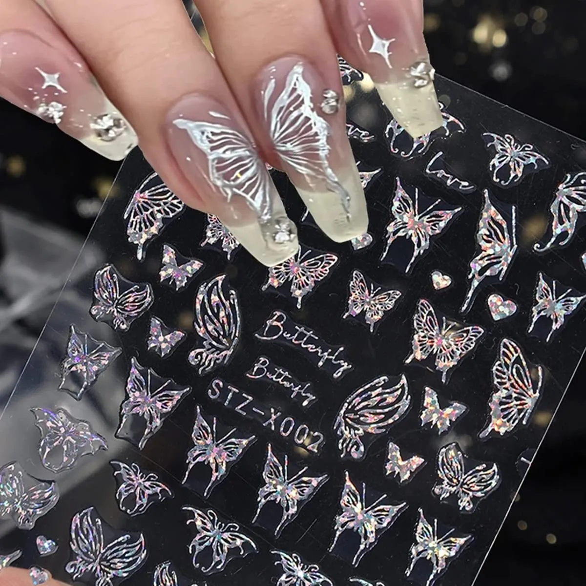 6 Sheets Butterfly Nail Stickers for Nail Art, Moon Stars Nail Decals Self-Adhesive Nail Art Supplies Holographic Laser Silver Black Nail Designs Snake Butterflies Flower Stickers for Nails DIY Women