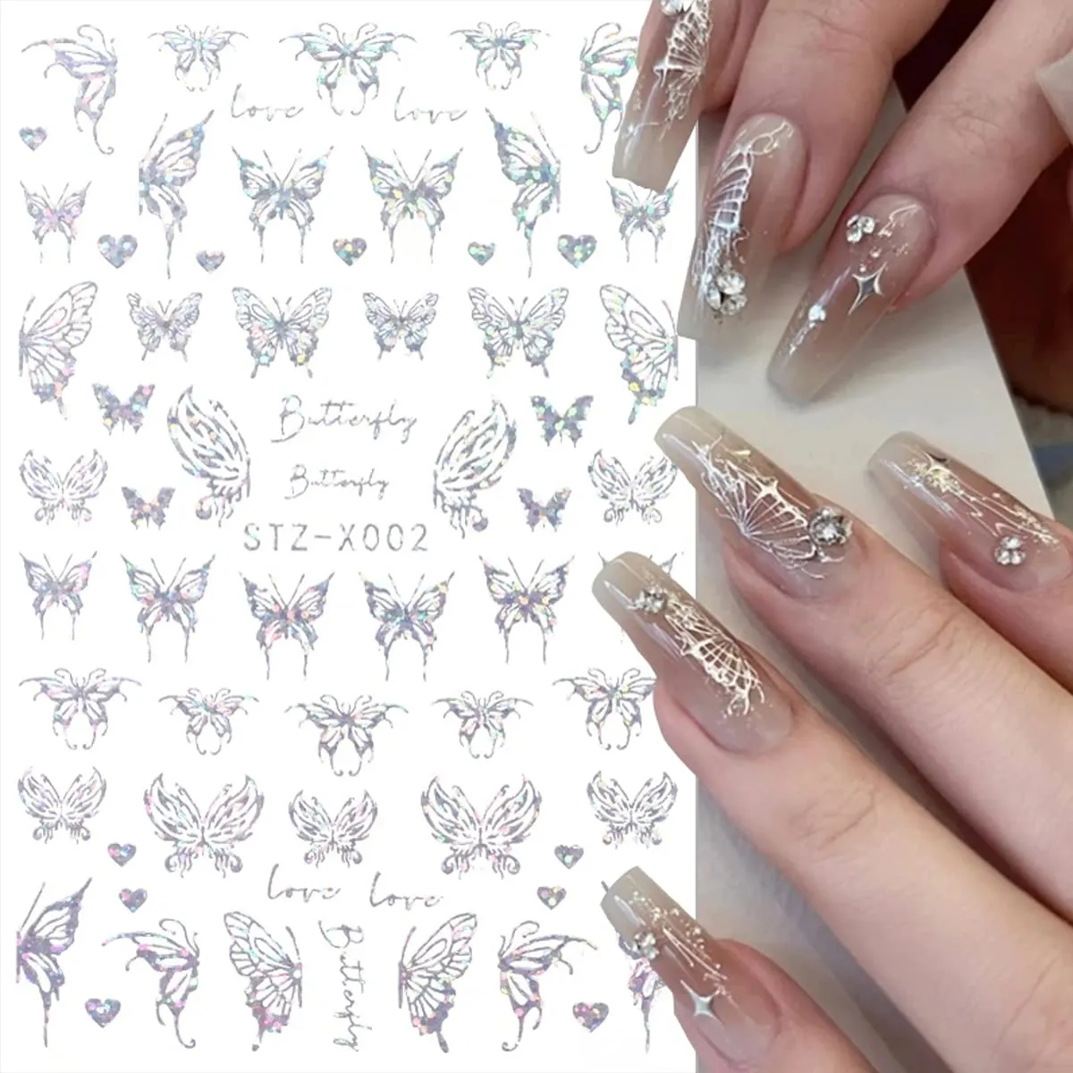 6 Sheets Butterfly Nail Stickers for Nail Art, Moon Stars Nail Decals Self-Adhesive Nail Art Supplies Holographic Laser Silver Black Nail Designs Snake Butterflies Flower Stickers for Nails DIY Women