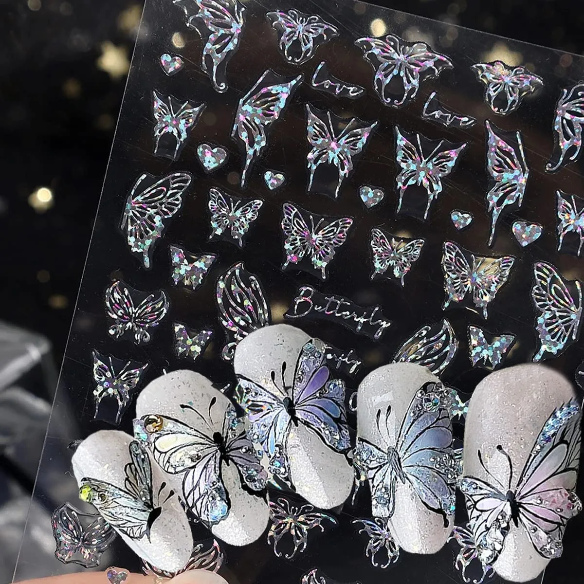 6 Sheets Butterfly Nail Stickers for Nail Art, Moon Stars Nail Decals Self-Adhesive Nail Art Supplies Holographic Laser Silver Black Nail Designs Snake Butterflies Flower Stickers for Nails DIY Women
