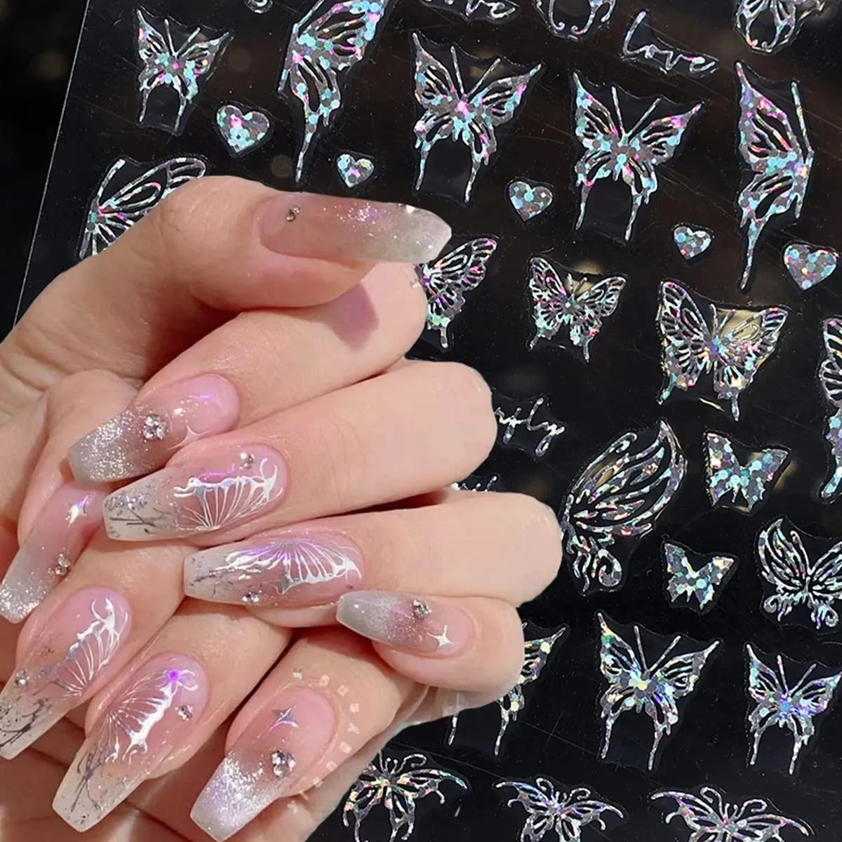 6 Sheets Butterfly Nail Stickers for Nail Art, Moon Stars Nail Decals Self-Adhesive Nail Art Supplies Holographic Laser Silver Black Nail Designs Snake Butterflies Flower Stickers for Nails DIY Women