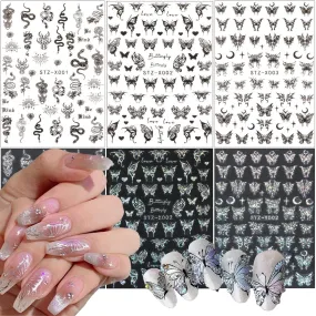 6 Sheets Butterfly Nail Stickers for Nail Art, Moon Stars Nail Decals Self-Adhesive Nail Art Supplies Holographic Laser Silver Black Nail Designs Snake Butterflies Flower Stickers for Nails DIY Women