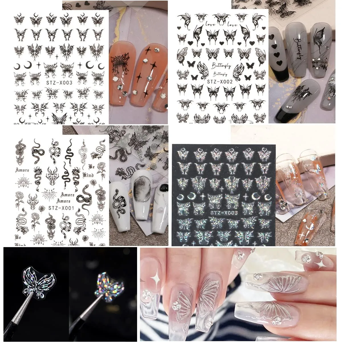 6 Sheets Butterfly Nail Stickers for Nail Art, Moon Stars Nail Decals Self-Adhesive Nail Art Supplies Holographic Laser Silver Black Nail Designs Snake Butterflies Flower Stickers for Nails DIY Women