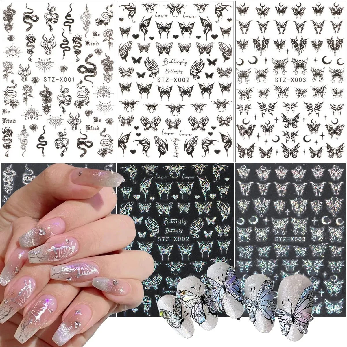 6 Sheets Butterfly Nail Stickers for Nail Art, Moon Stars Nail Decals Self-Adhesive Nail Art Supplies Holographic Laser Silver Black Nail Designs Snake Butterflies Flower Stickers for Nails DIY Women