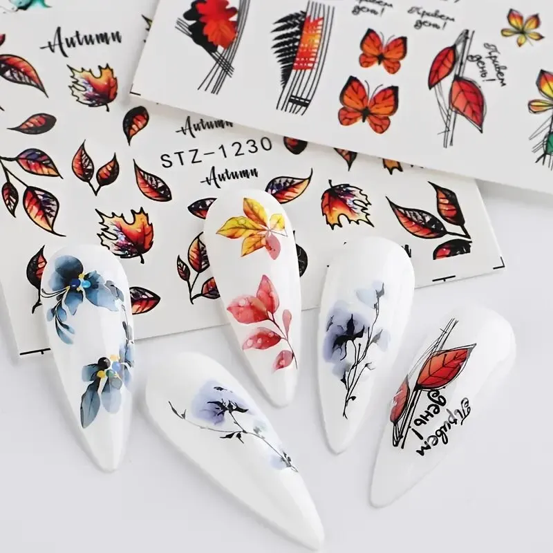 8 Sheets Flowers Nail Art Stickers, Holographic Fall Flower Nail Water Transfer Decals Design | Floral Maple Leaf Butterfly Nail Stickers