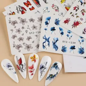 8 Sheets Flowers Nail Art Stickers, Holographic Fall Flower Nail Water Transfer Decals Design | Floral Maple Leaf Butterfly Nail Stickers
