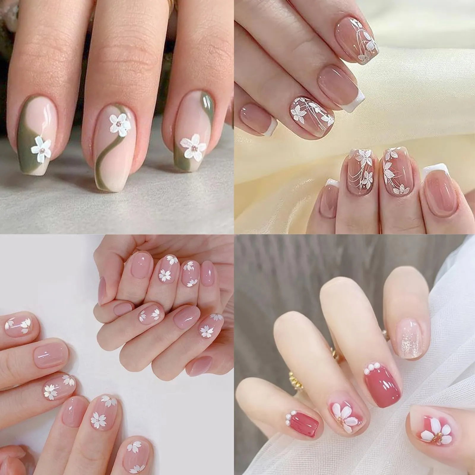 8Sheets Flower Nail Art Stickers White Flowers Nail Decals Stickers 3D Self Adhesive Blooming Floral Nail Supplies 5 Petals Spring Summer Nail Accessories for Women Fingernails Acrylic Nails Decor