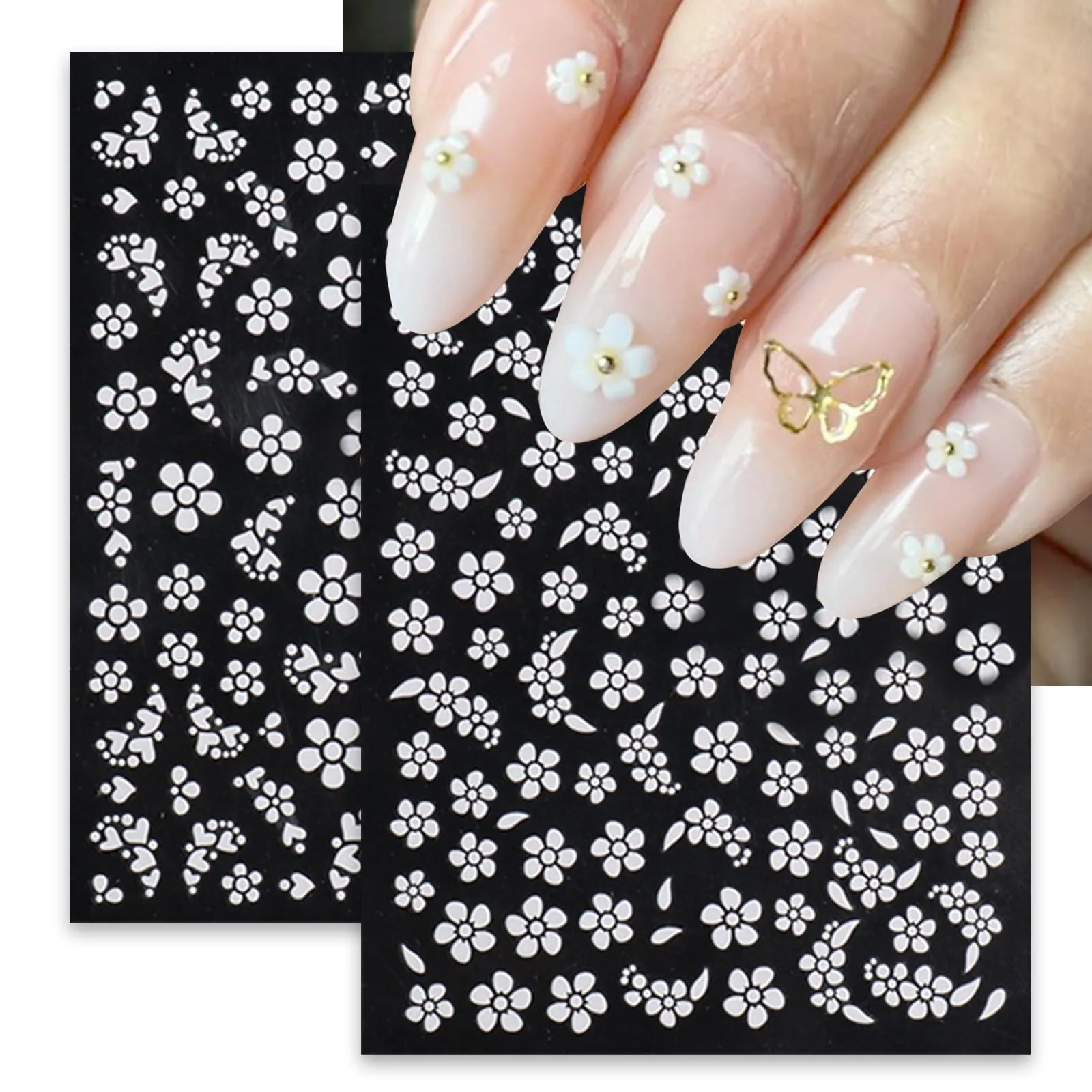 8Sheets Flower Nail Art Stickers White Flowers Nail Decals Stickers 3D Self Adhesive Blooming Floral Nail Supplies 5 Petals Spring Summer Nail Accessories for Women Fingernails Acrylic Nails Decor