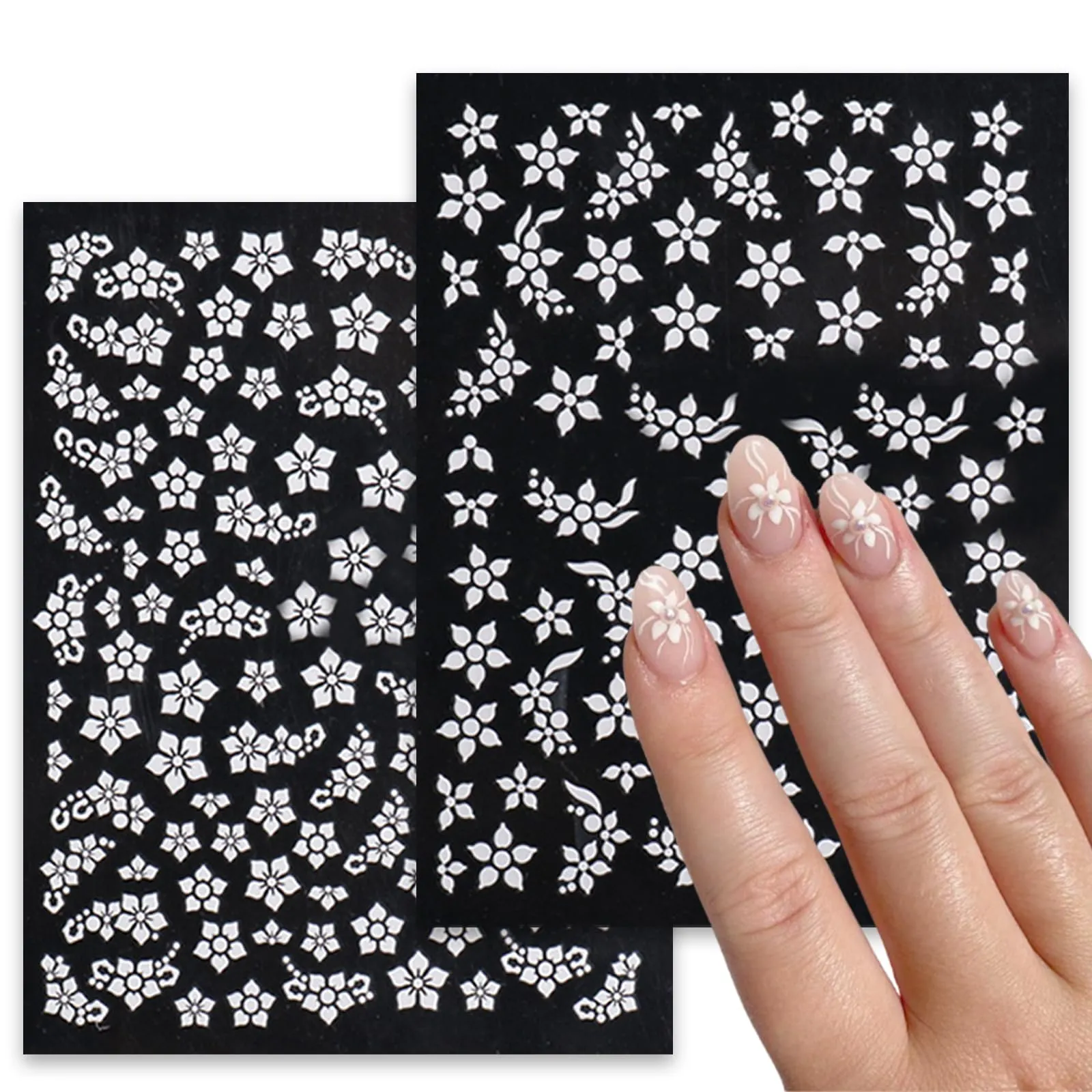 8Sheets Flower Nail Art Stickers White Flowers Nail Decals Stickers 3D Self Adhesive Blooming Floral Nail Supplies 5 Petals Spring Summer Nail Accessories for Women Fingernails Acrylic Nails Decor