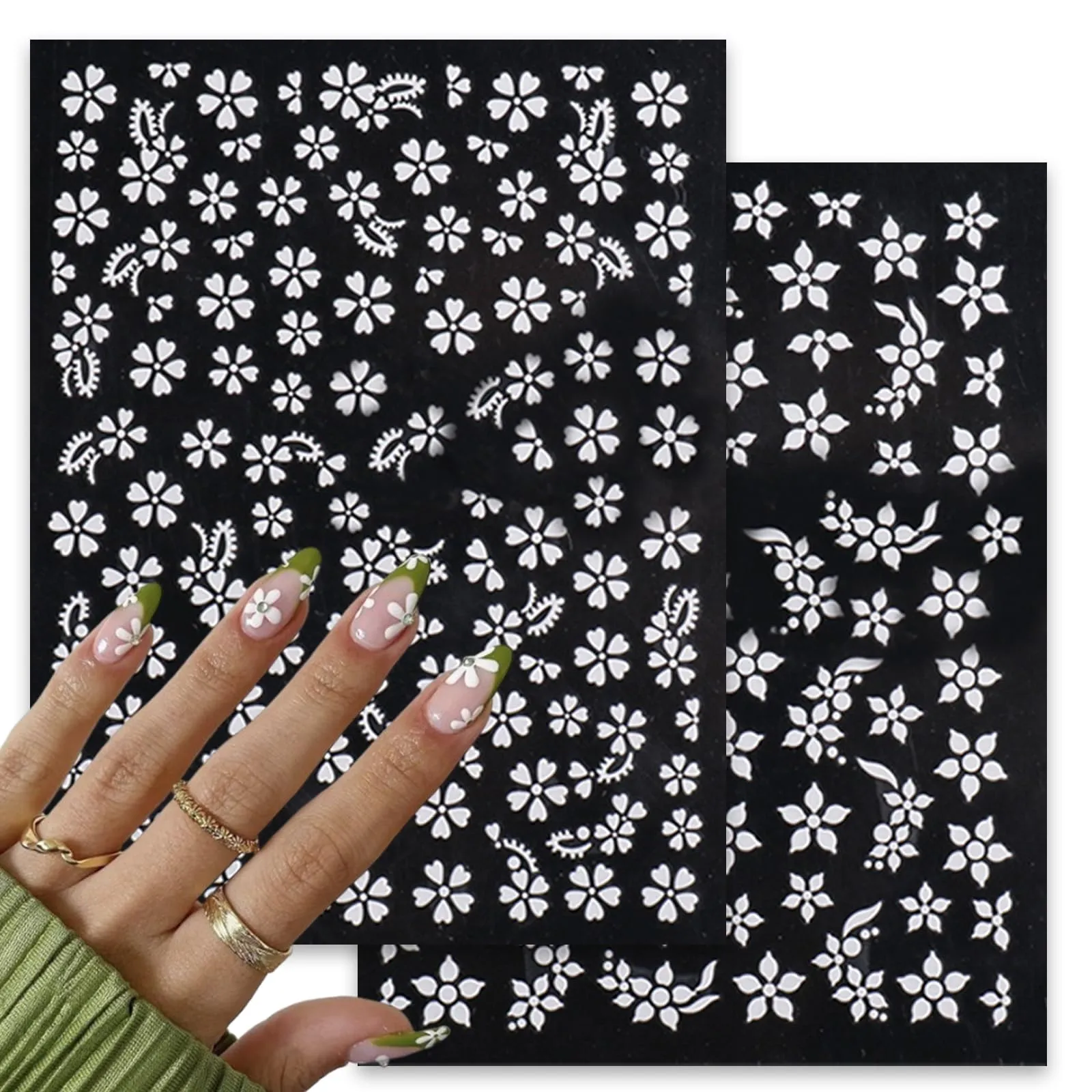 8Sheets Flower Nail Art Stickers White Flowers Nail Decals Stickers 3D Self Adhesive Blooming Floral Nail Supplies 5 Petals Spring Summer Nail Accessories for Women Fingernails Acrylic Nails Decor