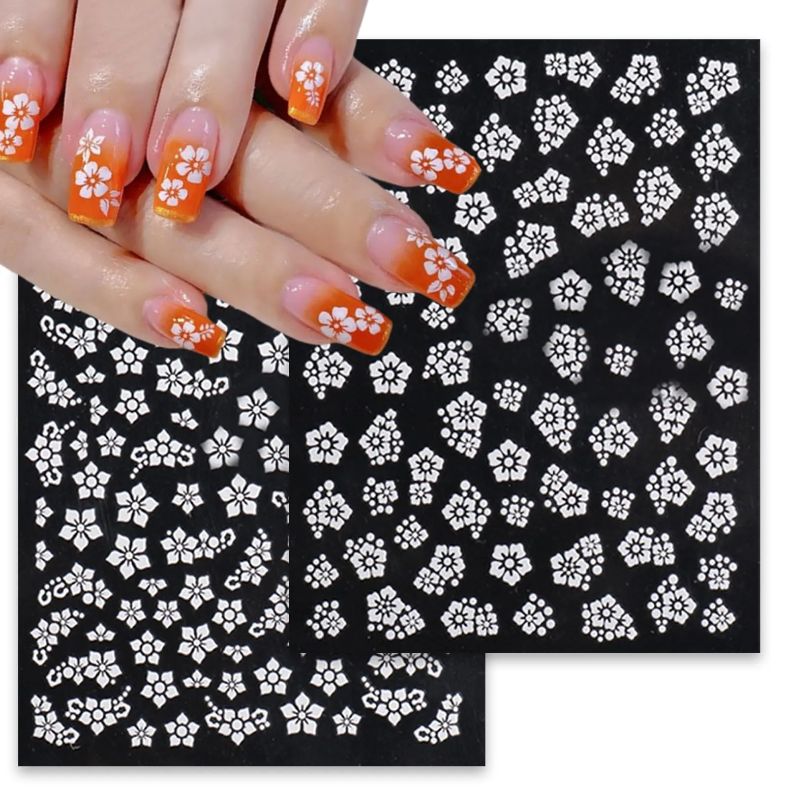8Sheets Flower Nail Art Stickers White Flowers Nail Decals Stickers 3D Self Adhesive Blooming Floral Nail Supplies 5 Petals Spring Summer Nail Accessories for Women Fingernails Acrylic Nails Decor