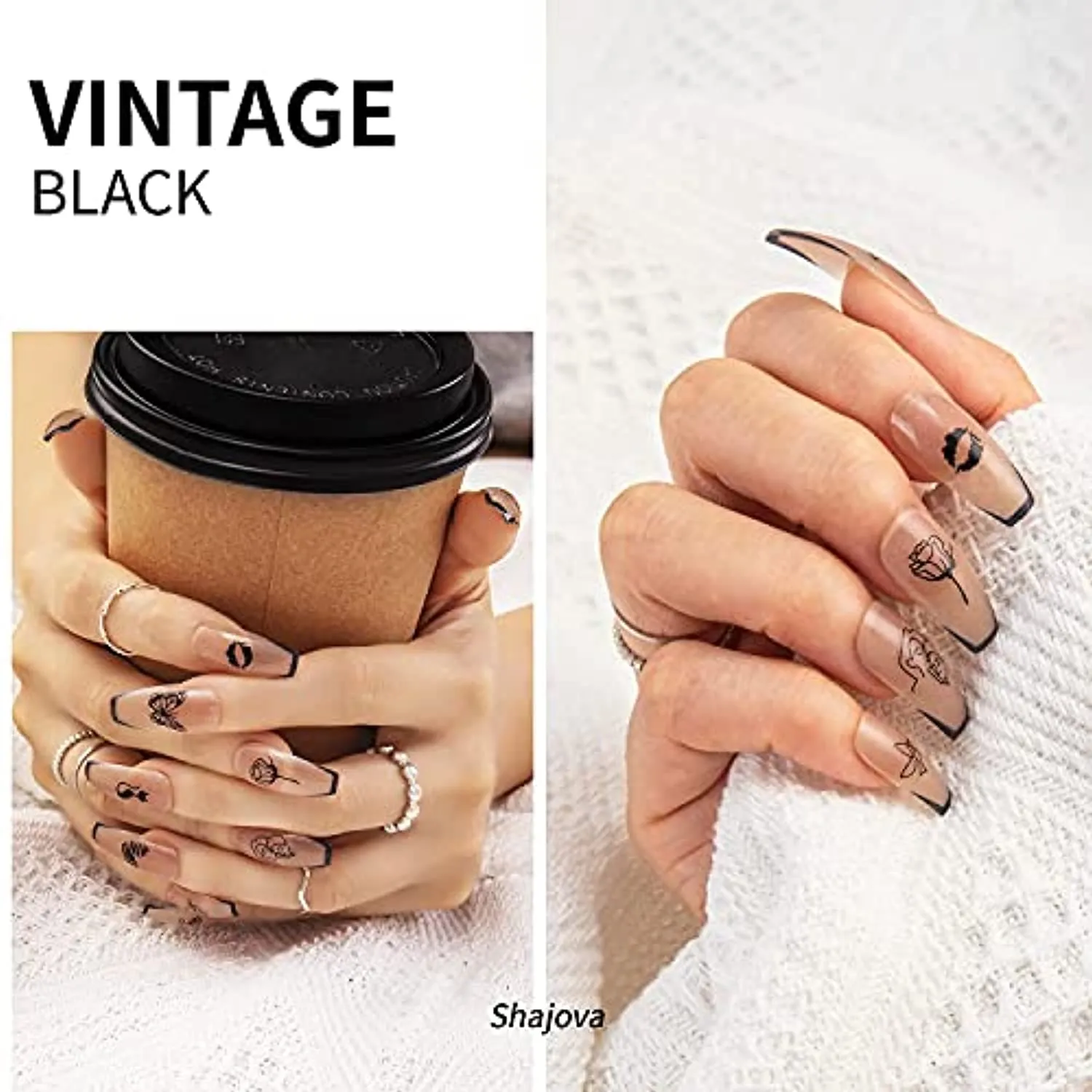 Black Nail Stickers Self-Adhesive - 8 Sheets 3D Designer Nail Art Decals for Acrylic Nail Supplies or DIY Nail Art Decorations
