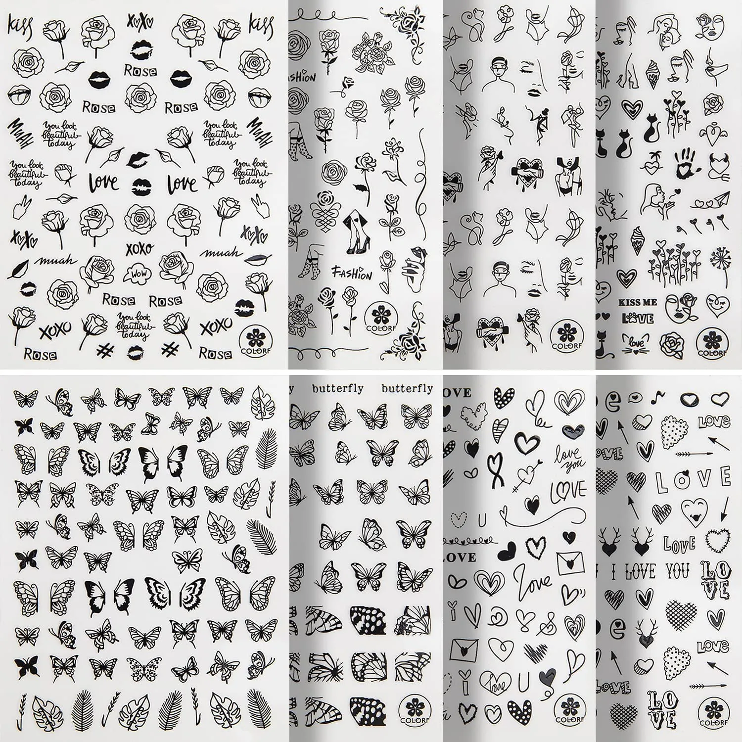 Black Nail Stickers Self-Adhesive - 8 Sheets 3D Designer Nail Art Decals for Acrylic Nail Supplies or DIY Nail Art Decorations