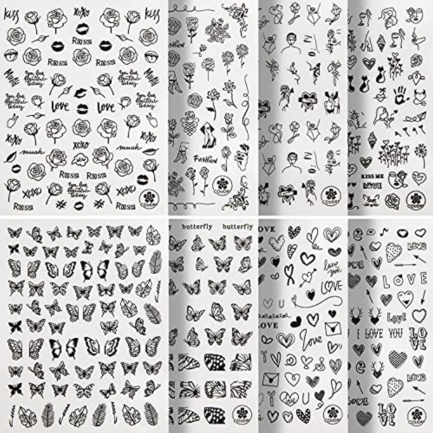 Black Nail Stickers Self-Adhesive - 8 Sheets 3D Designer Nail Art Decals for Acrylic Nail Supplies or DIY Nail Art Decorations