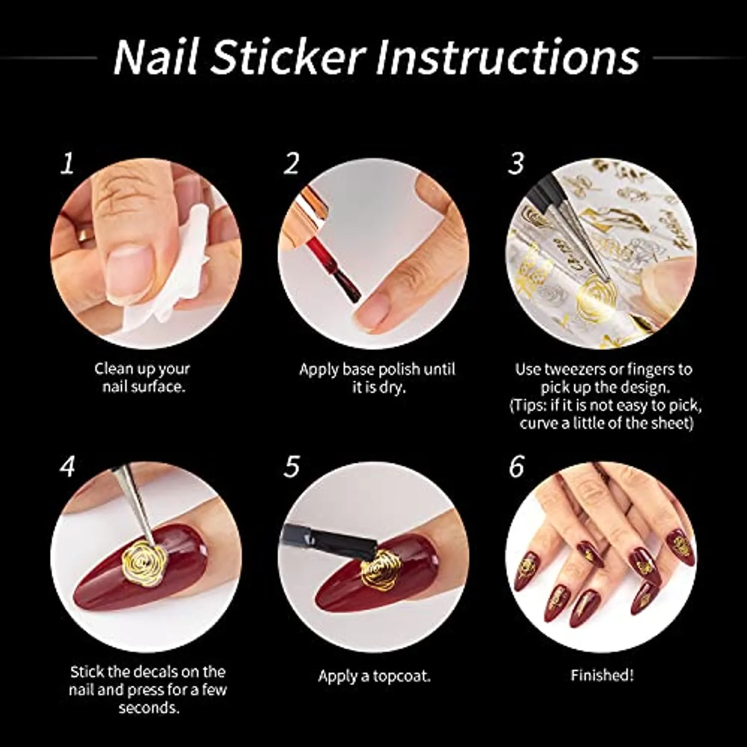 Black Nail Stickers Self-Adhesive - 8 Sheets 3D Designer Nail Art Decals for Acrylic Nail Supplies or DIY Nail Art Decorations