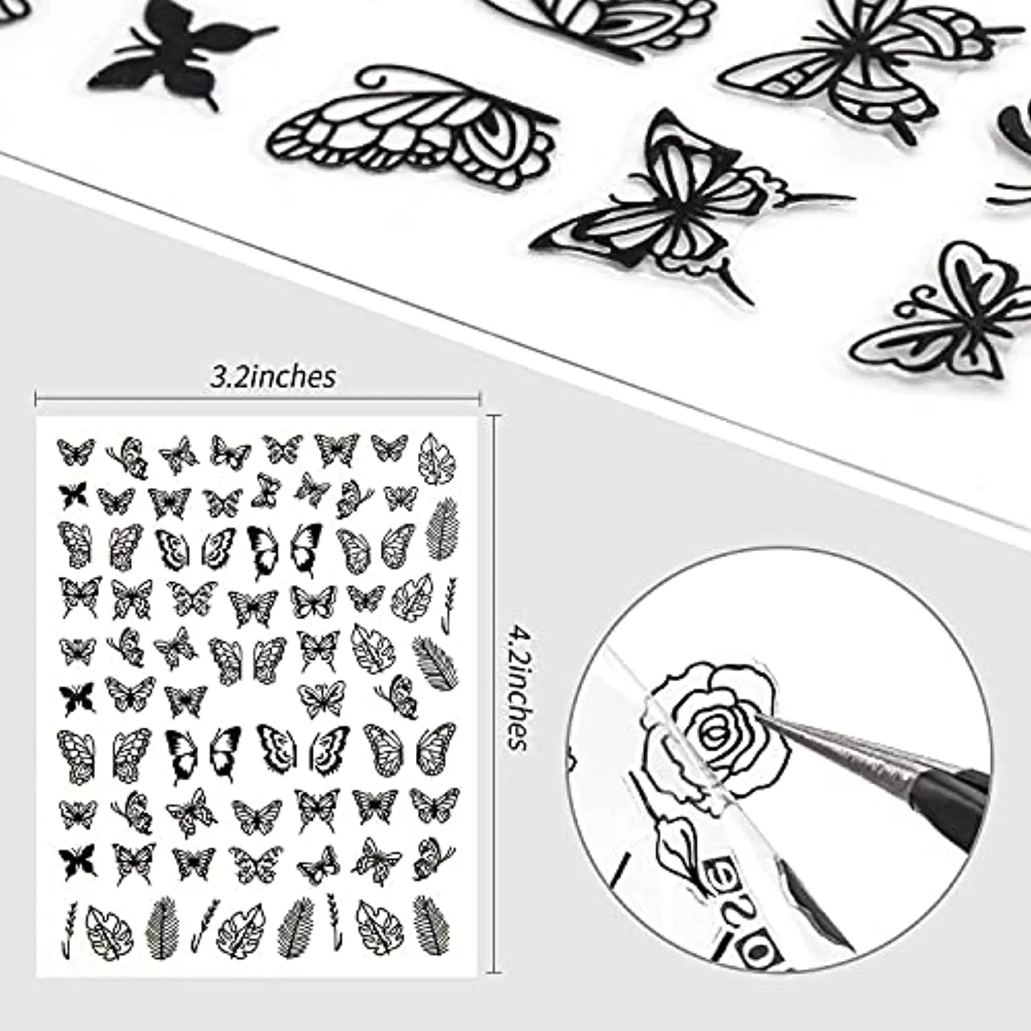 Black Nail Stickers Self-Adhesive - 8 Sheets 3D Designer Nail Art Decals for Acrylic Nail Supplies or DIY Nail Art Decorations