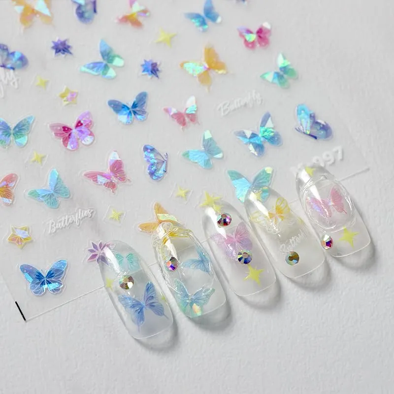 Butterfly Nail Art Stickers 3D Self-Adhesive Nail Decals Bling Rhinestone White Laser Colourful Butterfly Nail Art Supplies for Women and Girls Acrylic Nails DIY Design Decoration 2 Sheets