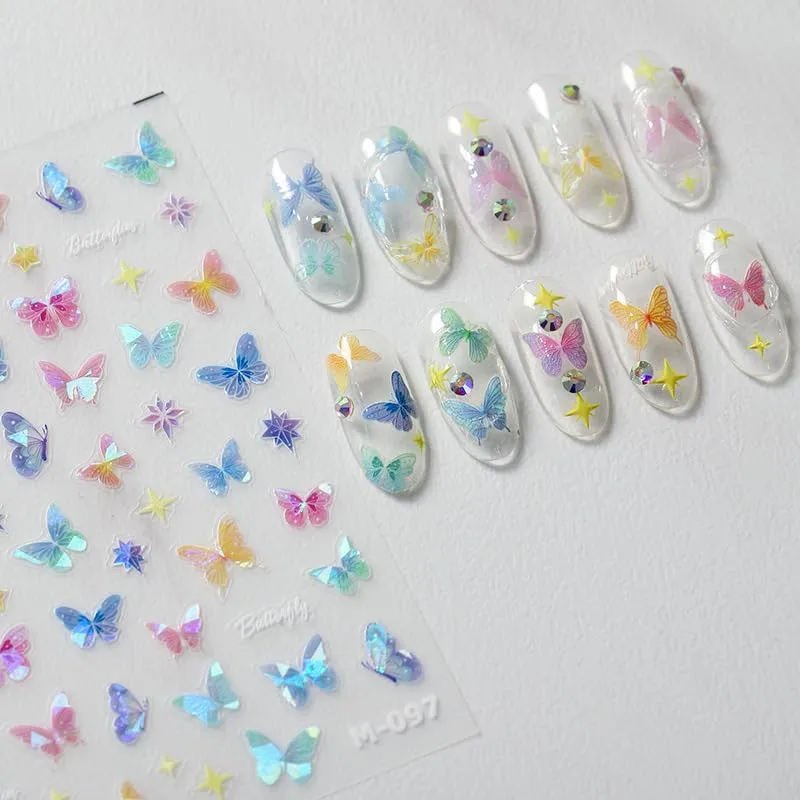 Butterfly Nail Art Stickers 3D Self-Adhesive Nail Decals Bling Rhinestone White Laser Colourful Butterfly Nail Art Supplies for Women and Girls Acrylic Nails DIY Design Decoration 2 Sheets