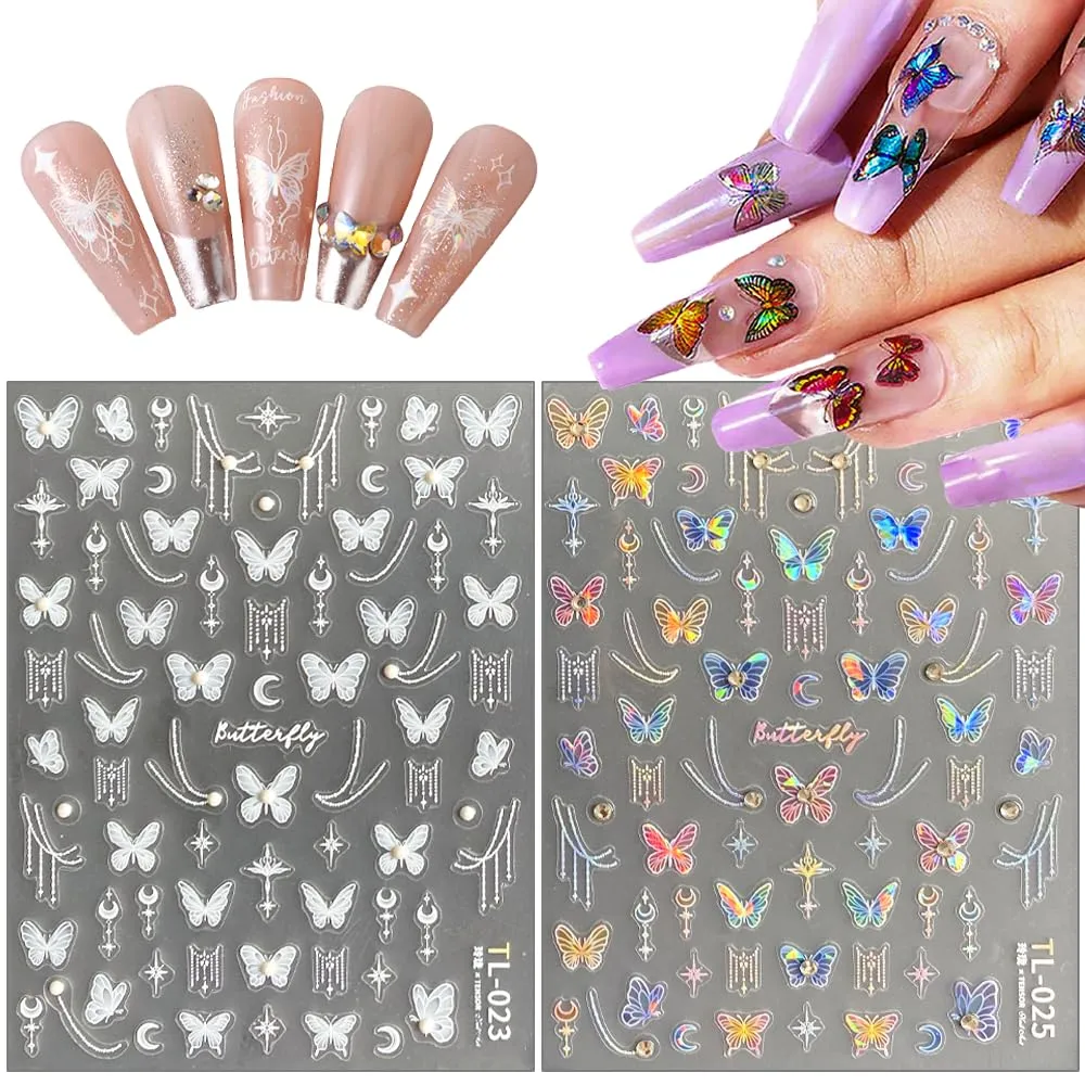 Butterfly Nail Art Stickers 3D Self-Adhesive Nail Decals Bling Rhinestone White Laser Colourful Butterfly Nail Art Supplies for Women and Girls Acrylic Nails DIY Design Decoration 2 Sheets