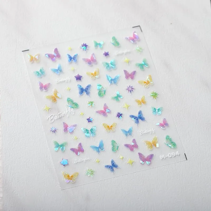 Butterfly Nail Art Stickers 3D Self-Adhesive Nail Decals Bling Rhinestone White Laser Colourful Butterfly Nail Art Supplies for Women and Girls Acrylic Nails DIY Design Decoration 2 Sheets