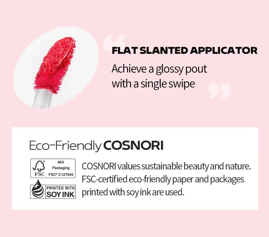 COSNORI Flow Wave Lip Tint - Vegan Glassy Lip Gloss, Lightweight & Long-lasting, Plant-derived Oil Moisturizer (02 PINK RUSH)