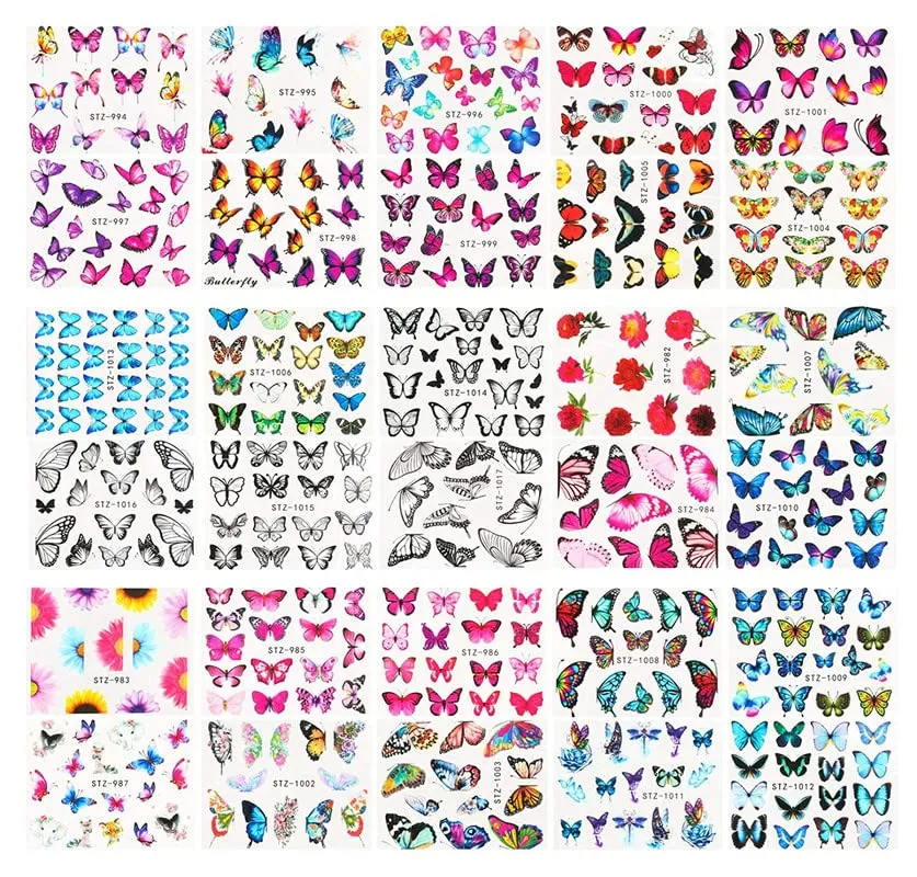 FAMEZA 12 Sheets Butterfly Nail Art Stickers Nail Art Water Transfer Sticker with Butterfly Flower Patterns Manicure Tips，Nail Tips DIY Toenails Nail Art Decorations Accessories Decals