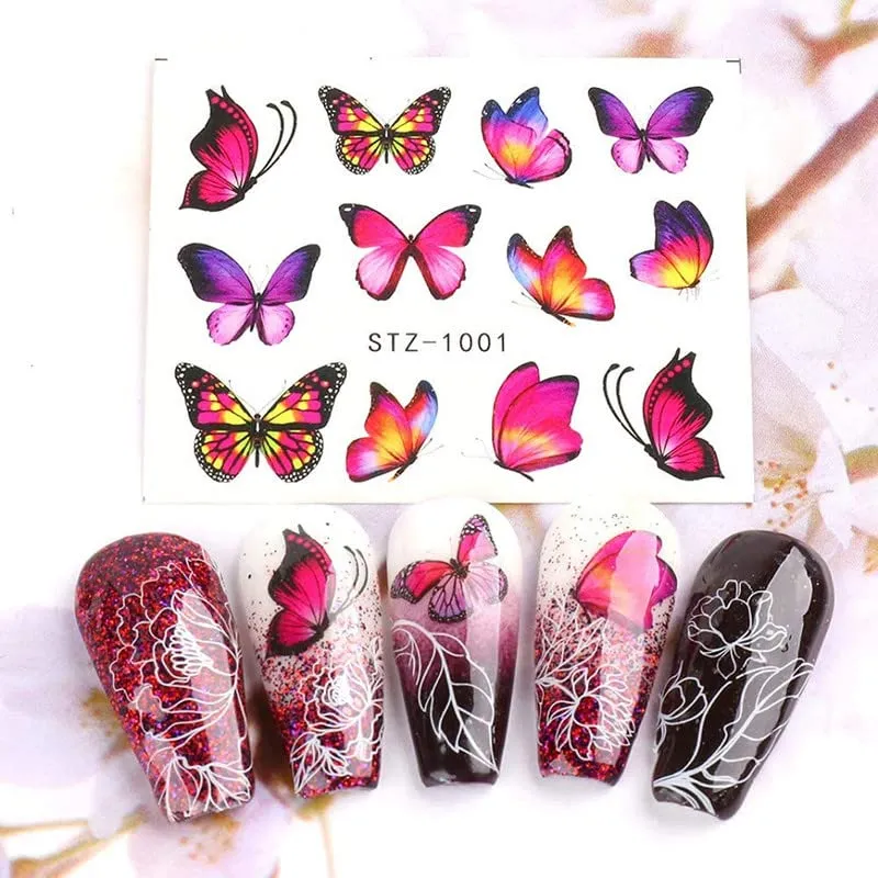 FAMEZA 12 Sheets Butterfly Nail Art Stickers Nail Art Water Transfer Sticker with Butterfly Flower Patterns Manicure Tips，Nail Tips DIY Toenails Nail Art Decorations Accessories Decals