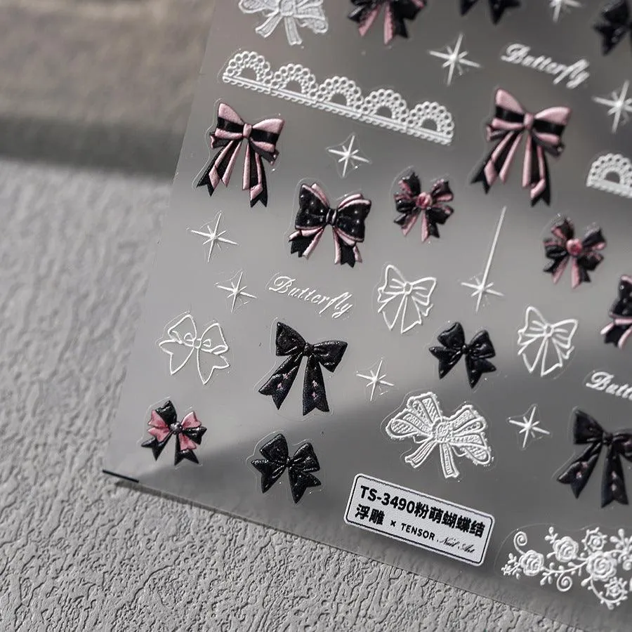Nail Art Stickers Adhesive Slider Embossed Bowknot Lace Sticker Decals TS3489