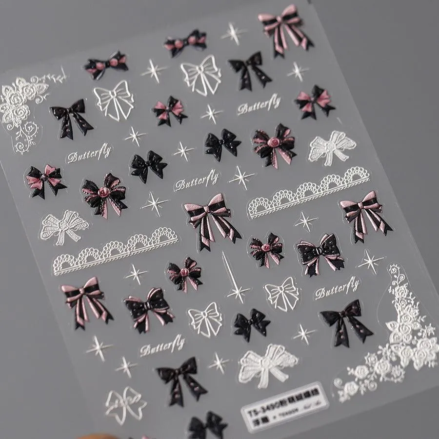 Nail Art Stickers Adhesive Slider Embossed Bowknot Lace Sticker Decals TS3489