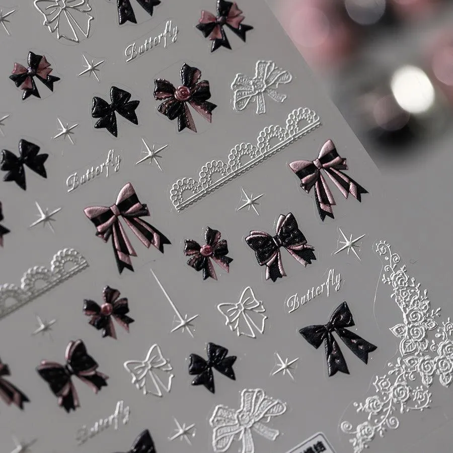 Nail Art Stickers Adhesive Slider Embossed Bowknot Lace Sticker Decals TS3489