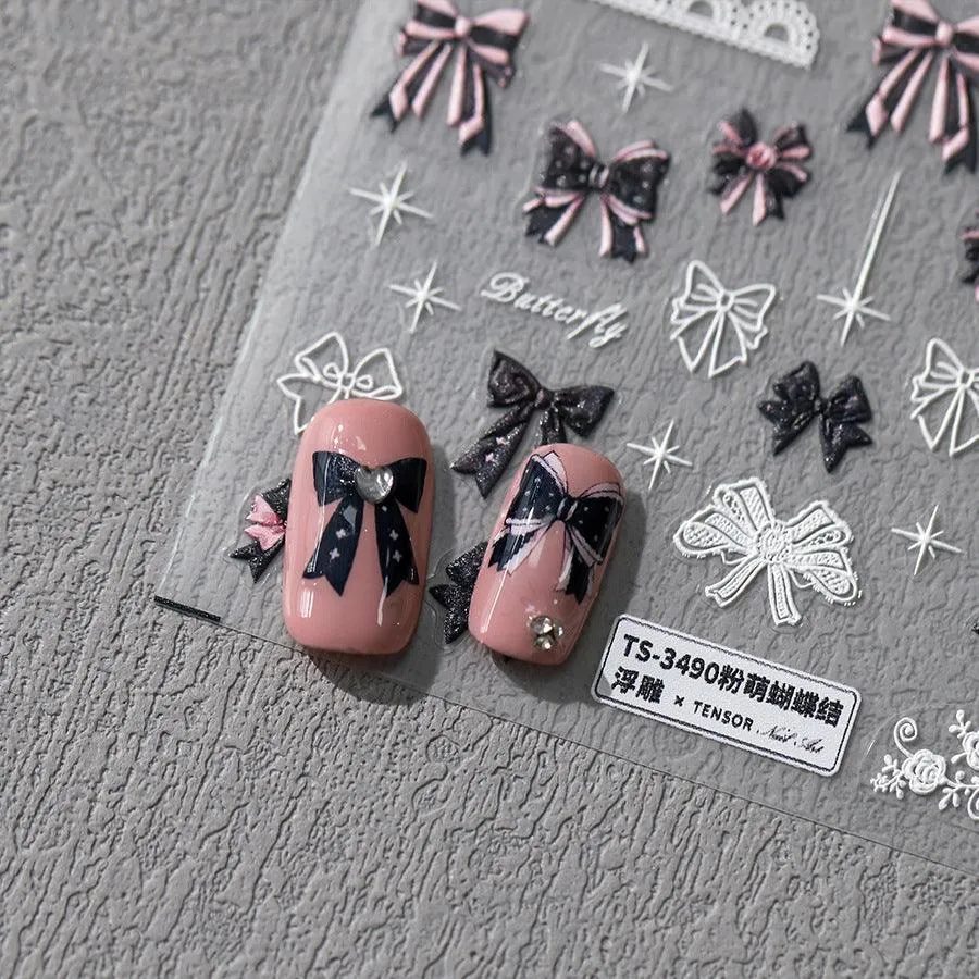 Nail Art Stickers Adhesive Slider Embossed Bowknot Lace Sticker Decals TS3489