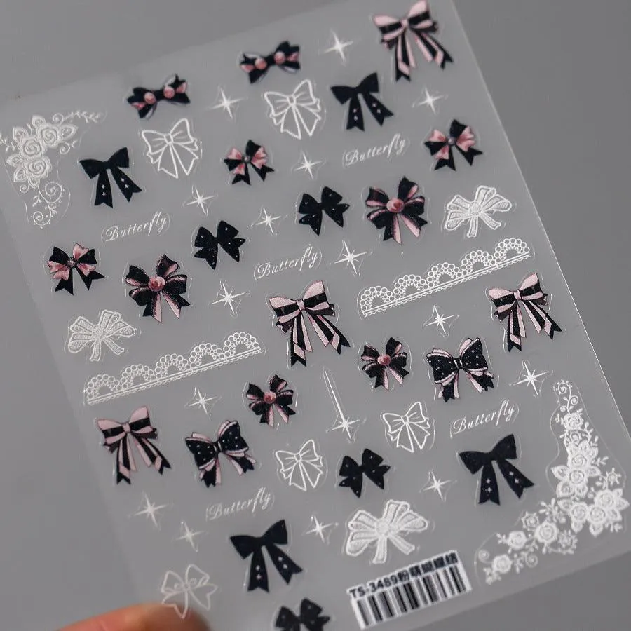 Nail Art Stickers Adhesive Slider Embossed Bowknot Lace Sticker Decals TS3489