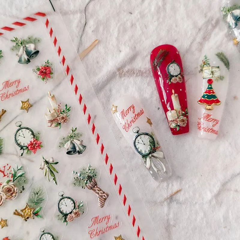 Nail Art Stickers Adhesive Sliders Embossed Xmas Tree Sticker Decals