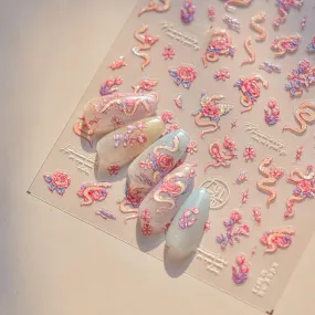 Pink Snake Nail Art Stickers Rose Flower Adhesive Embossed Sticker Decals to4673