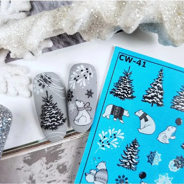 Polar Bear in Sweater Christmas Tree, Snowflakes Black and White