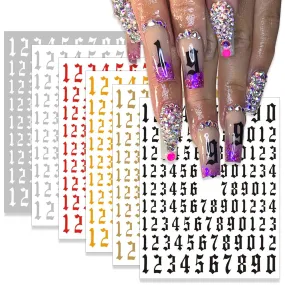 SILPECWEE 6 Sheets Number Nail Stickers Tips 3D Laser Nail Decals Self Adhesive Nail Art Stickers for Women with 1Pc Tweezers