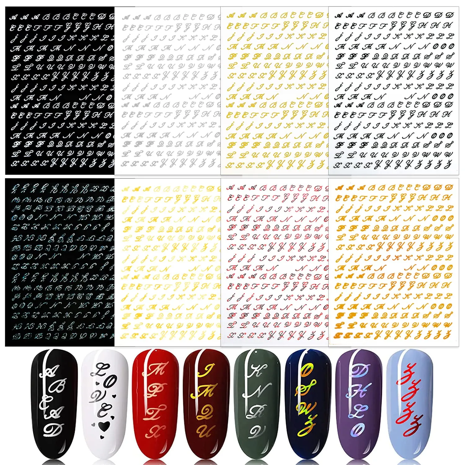 SILPECWEE 6 Sheets Number Nail Stickers Tips 3D Laser Nail Decals Self Adhesive Nail Art Stickers for Women with 1Pc Tweezers