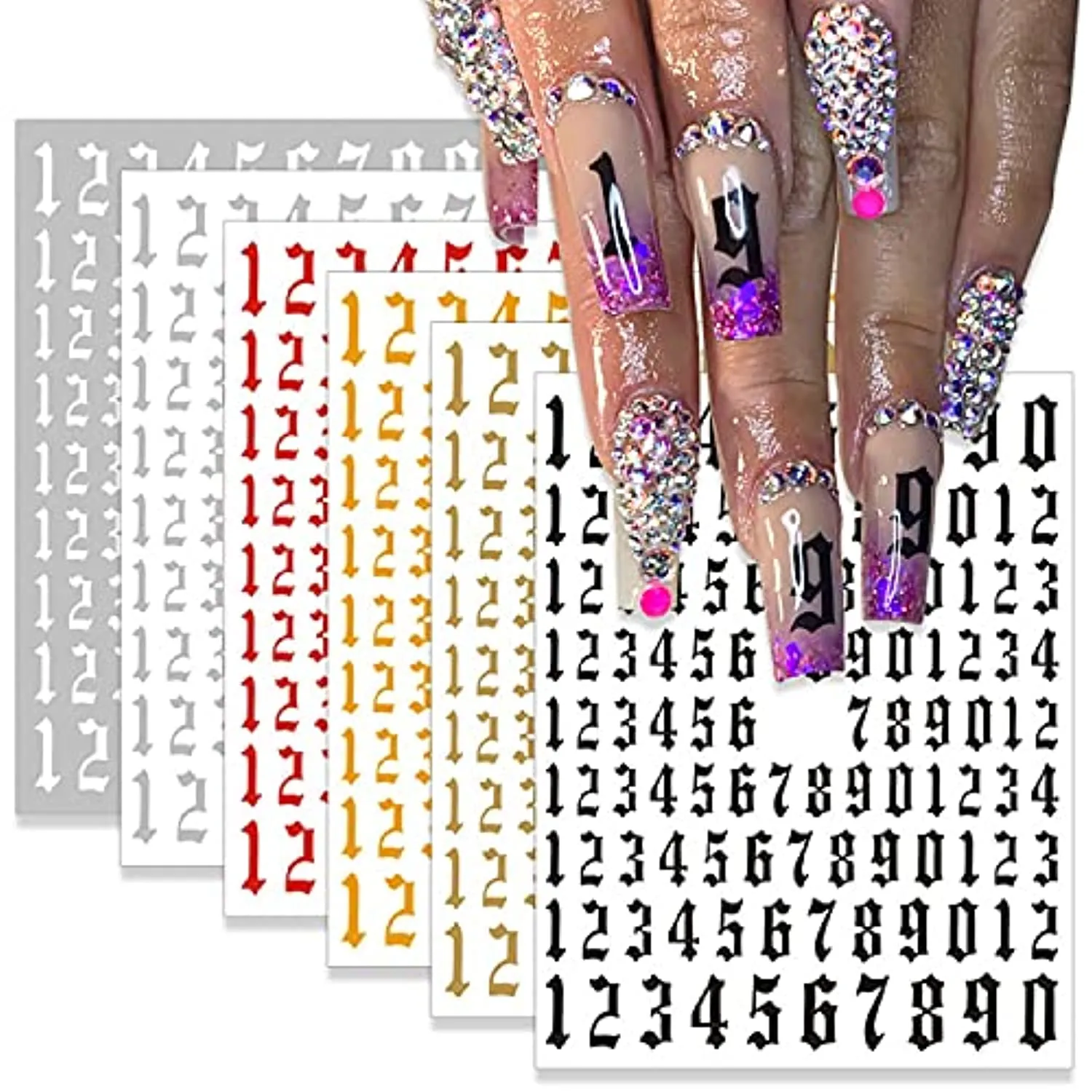 SILPECWEE 6 Sheets Number Nail Stickers Tips 3D Laser Nail Decals Self Adhesive Nail Art Stickers for Women with 1Pc Tweezers